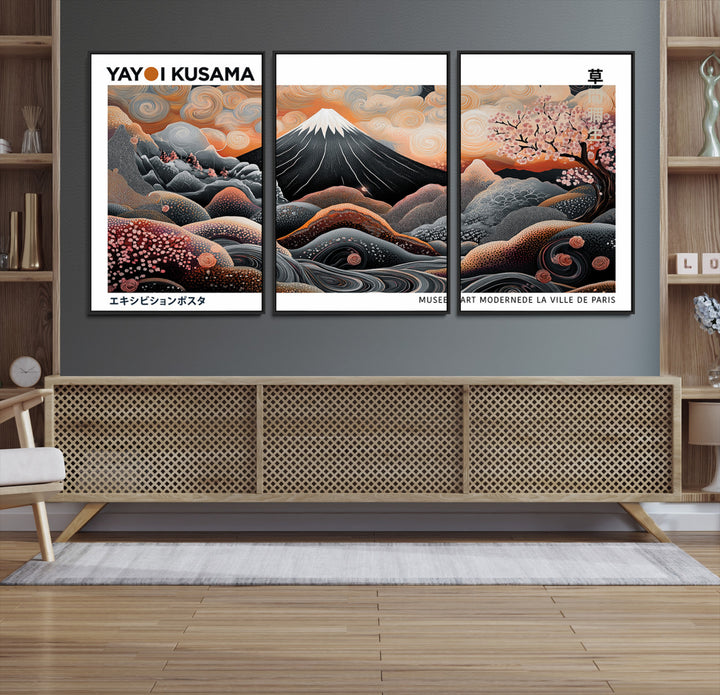 Modern Japanese Wall Art Print, Yayoi Kusama Canvas Wall Art, Abstract Mount Fuji Canvas Print Japanese Landscape Art Printing