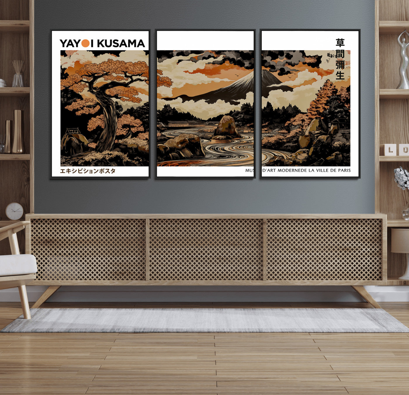 MGV-FC-60X30-3P - Modern Japanese Wall Art Print Yayoi Kusama Canvas Wall Art Abstract Mount Fuji Canvas Print