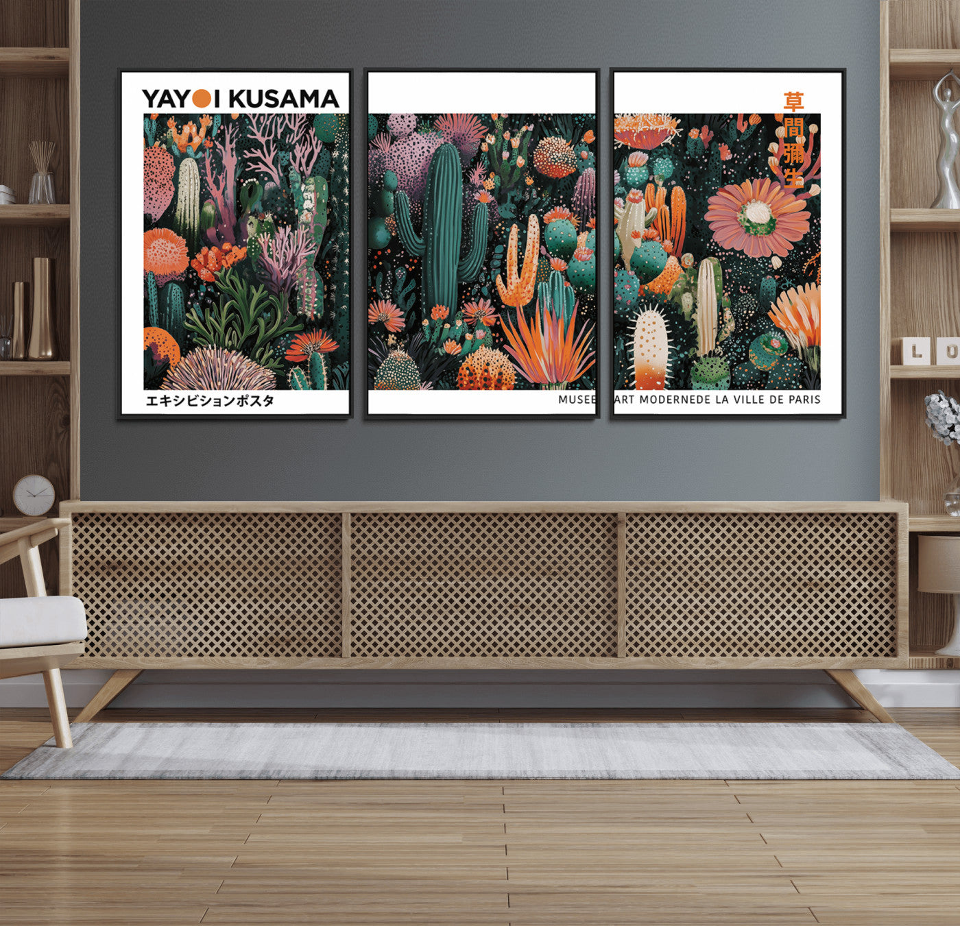 13391380-MGV-FC-60X30-3P_Black-Modern Japanese Wall Art Canvas Print – Framed Abstract Mount Fuji Scene with Yayoi Kusama Artwork for Home, Office