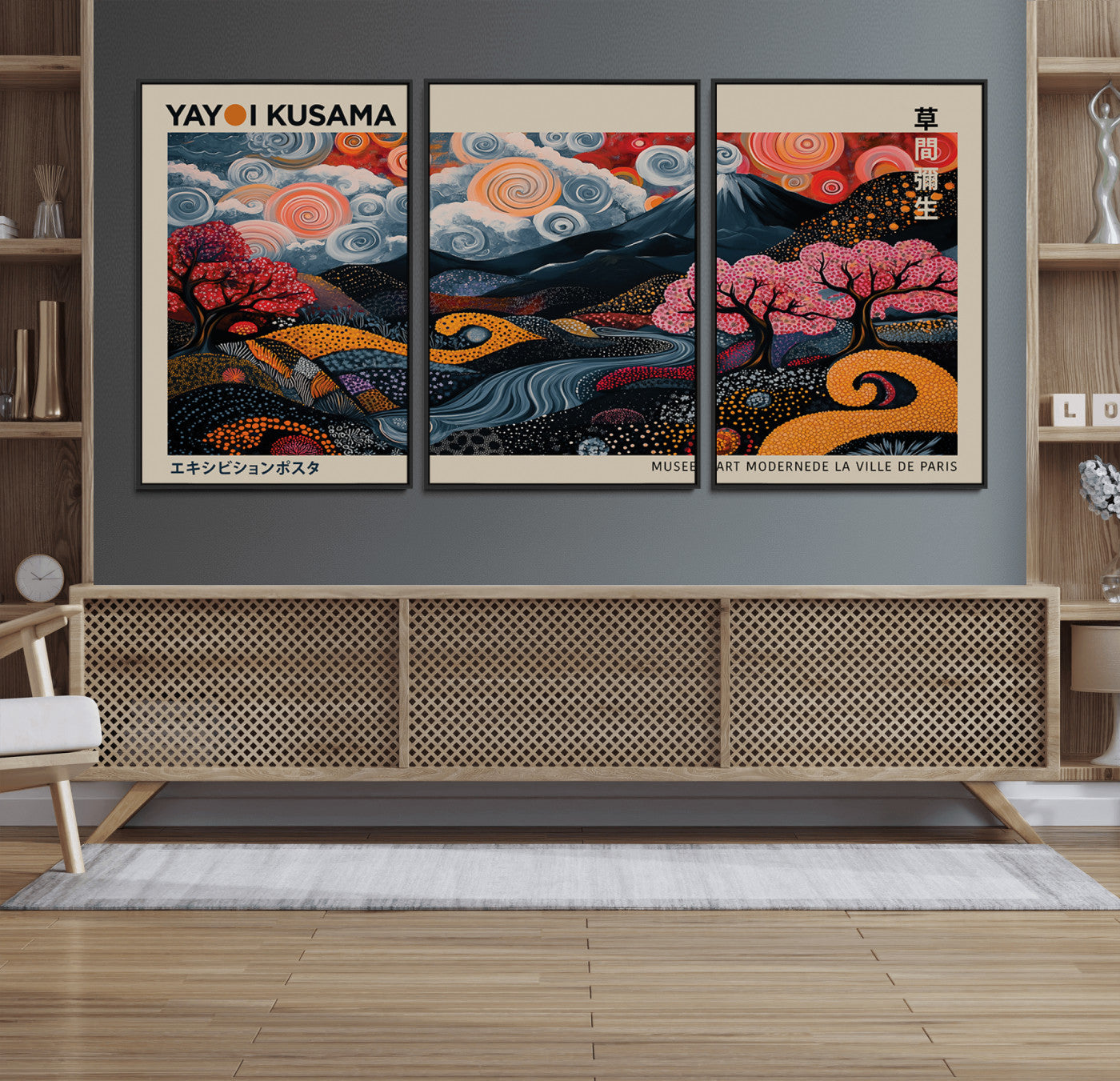 89598235-MGV-FC-60X30-3P_Black-Modern Japanese Wall Art Canvas Print – Framed Contemporary Yayoi Kusama Artwork for Home, Office, Living Room