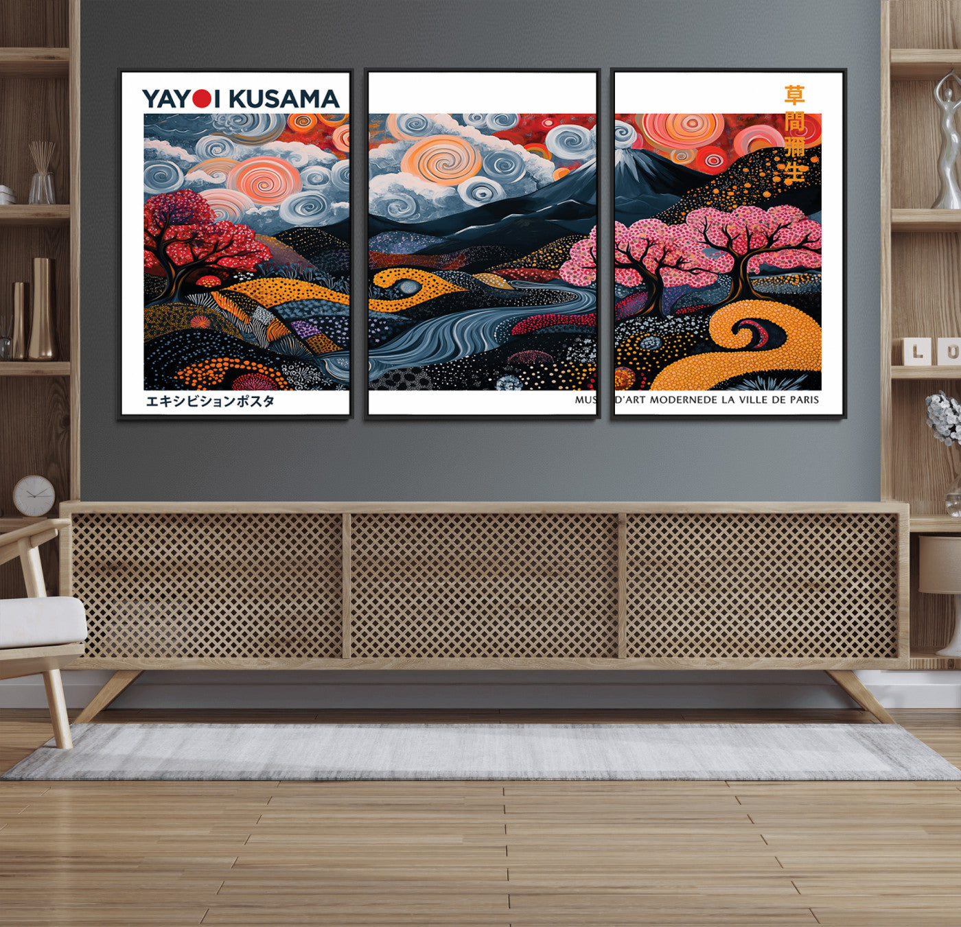43879290-MGV-FC-60X30-3P_Black-Modern Japanese Wall Art Canvas Print – Framed Abstract Mount Fuji Scene with Yayoi Kusama Artwork for Home, Office