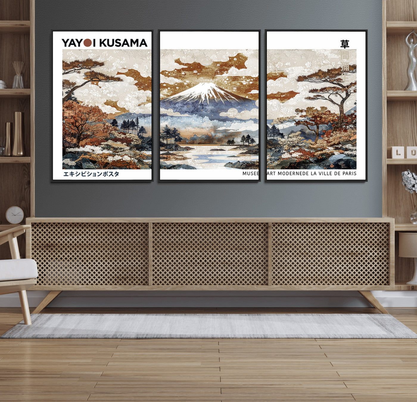 59644240-MGV-FC-60X30-3P_Black-Modern Japanese Wall Art Canvas Print – Framed Abstract Mount Fuji Scene with Yayoi Kusama Artwork for Home, Office