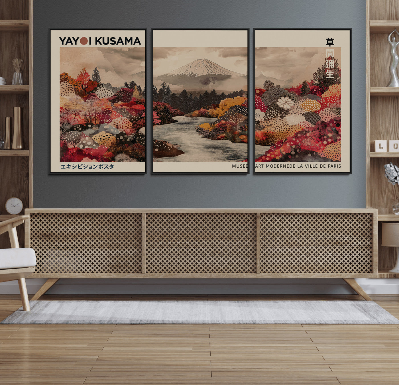 90660838-MGV-FC-60X30-3P_Black-Modern Japanese Wall Art Canvas Print – Framed Abstract Mount Fuji Scene with Yayoi Kusama Artwork for Home, Office
