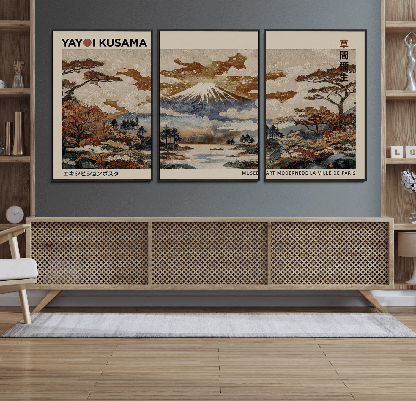 11778299-MGV-FC-60X30-3P_Black-Yayoi Kusama Wall Art Canvas Print – Framed Modern Japanese Abstract Mount Fuji Artwork for Home, Office, Living Room