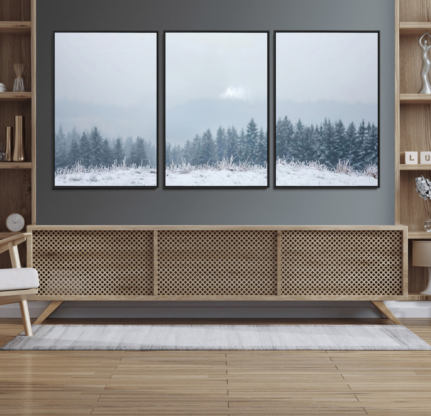 33033082-MGV-FC-60X30-3P_Black-Winter Forest Wall Art Canvas Print – Framed Snowy Landscape Art Picture Misty Tree Scene Artwork for Home Office