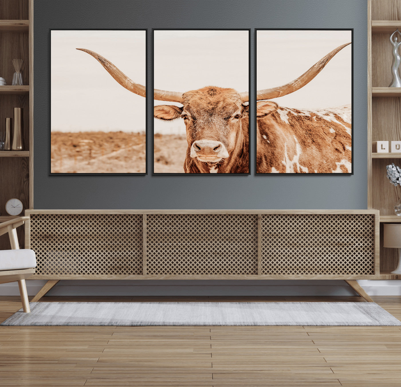74406977-MGV-FC-60X30-3P_Black-Longhorn Bull Wall Art Canvas Print – Framed Western Cow Rustic Farmhouse Neutral Country Animal Artwork for Home Office