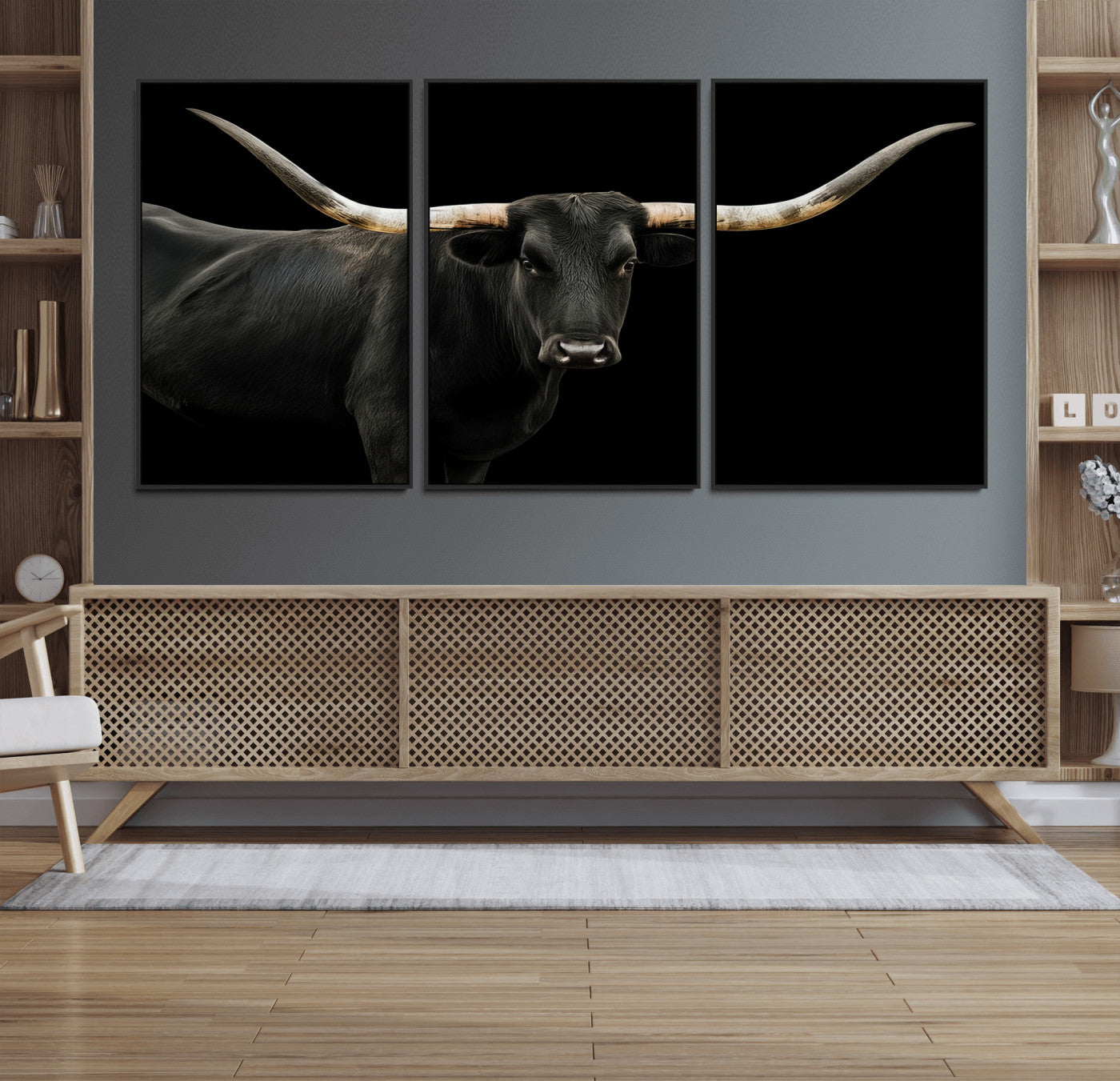 23572907-MGV-FC-60X30-3P_Black-Texas Longhorn Wall Art Canvas Print – Framed Rustic Western Farmhouse Animal Modern Minimal Artwork for Home Office