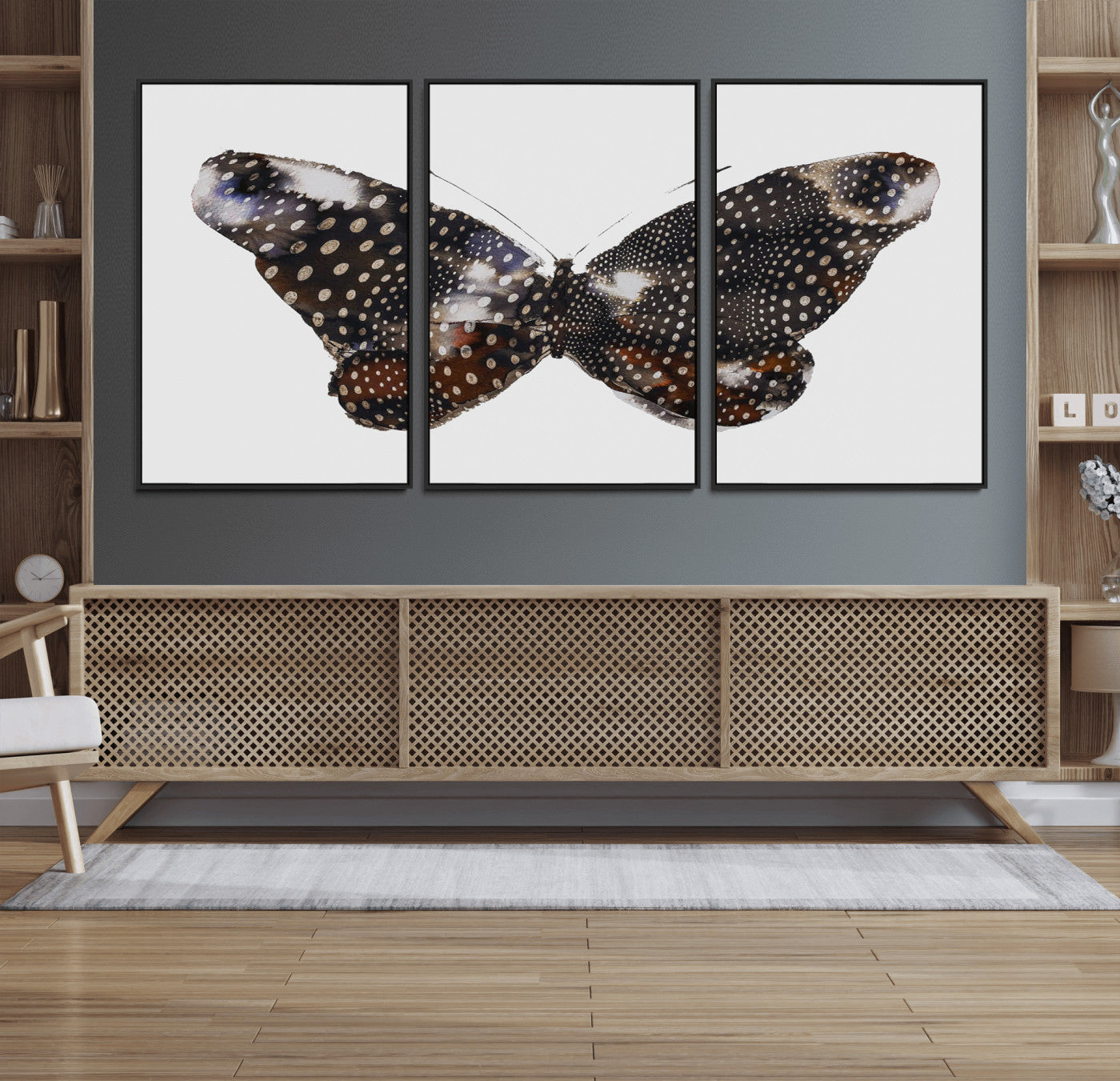 99831147-MGV-FC-60X30-3P_Black-Spotted Butterfly Wall Art Canvas Print – Framed Neutral Insect Earthy Wing Pattern Modern Rustic Nature Artwork for Home Office