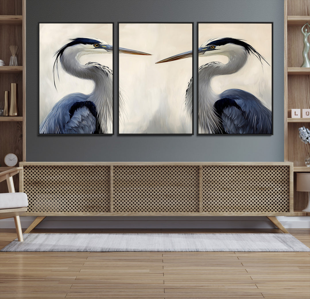 Blue Heron Pair Wall Art Canvas Print, Coastal Bird Theme Print, Framed Tranquil Wildlife Scene Art Print, Large Nature Inspired Decor Printing