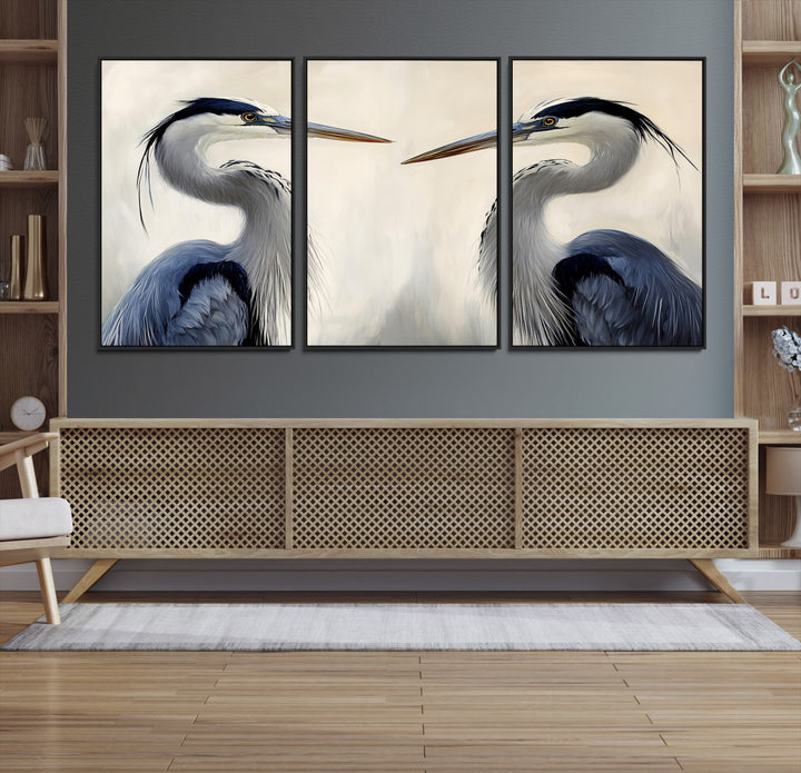 Blue Heron Pair Wall Art Canvas Print, Coastal Bird Theme Print, Framed Tranquil Wildlife Scene Art Print, Large Nature Inspired Decor Printing