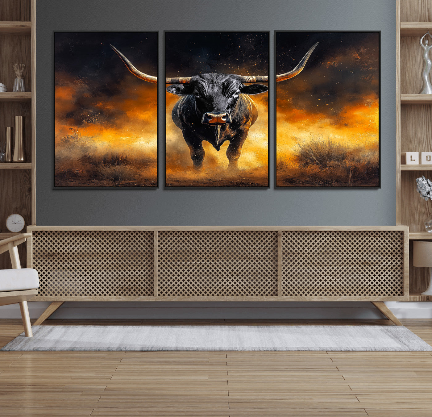 58293979-MGV-FC-60X30-3P_Black-Longhorn Canvas Wall Art Canvas Print – Framed Bold Bull Western Animal Dramatic Ranch Artwork for Home Office