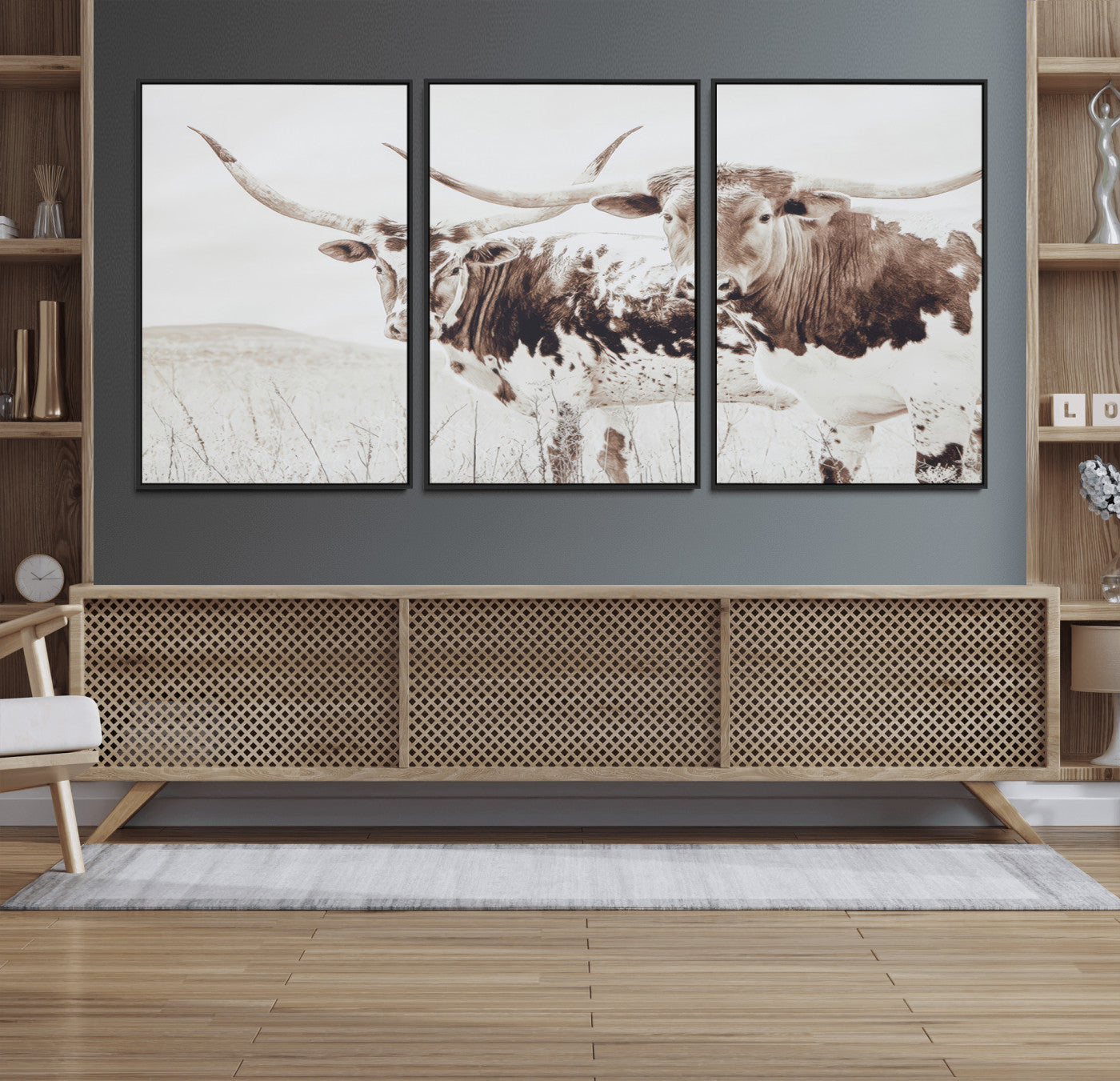 44871787-MGV-FC-60X30-3P_Black-Longhorn Wall Art Canvas Print – Framed Western Cow Rustic Farmhouse Countryside Animal Artwork for Home, Office