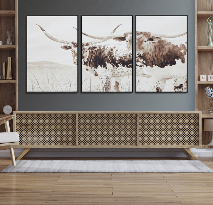 Longhorn Wall Art Wall Art Canvas Print, Western Cow Canvas Print, Framed Rustic Farm Decor Art Print, Large Neutral Animal Scene Printing