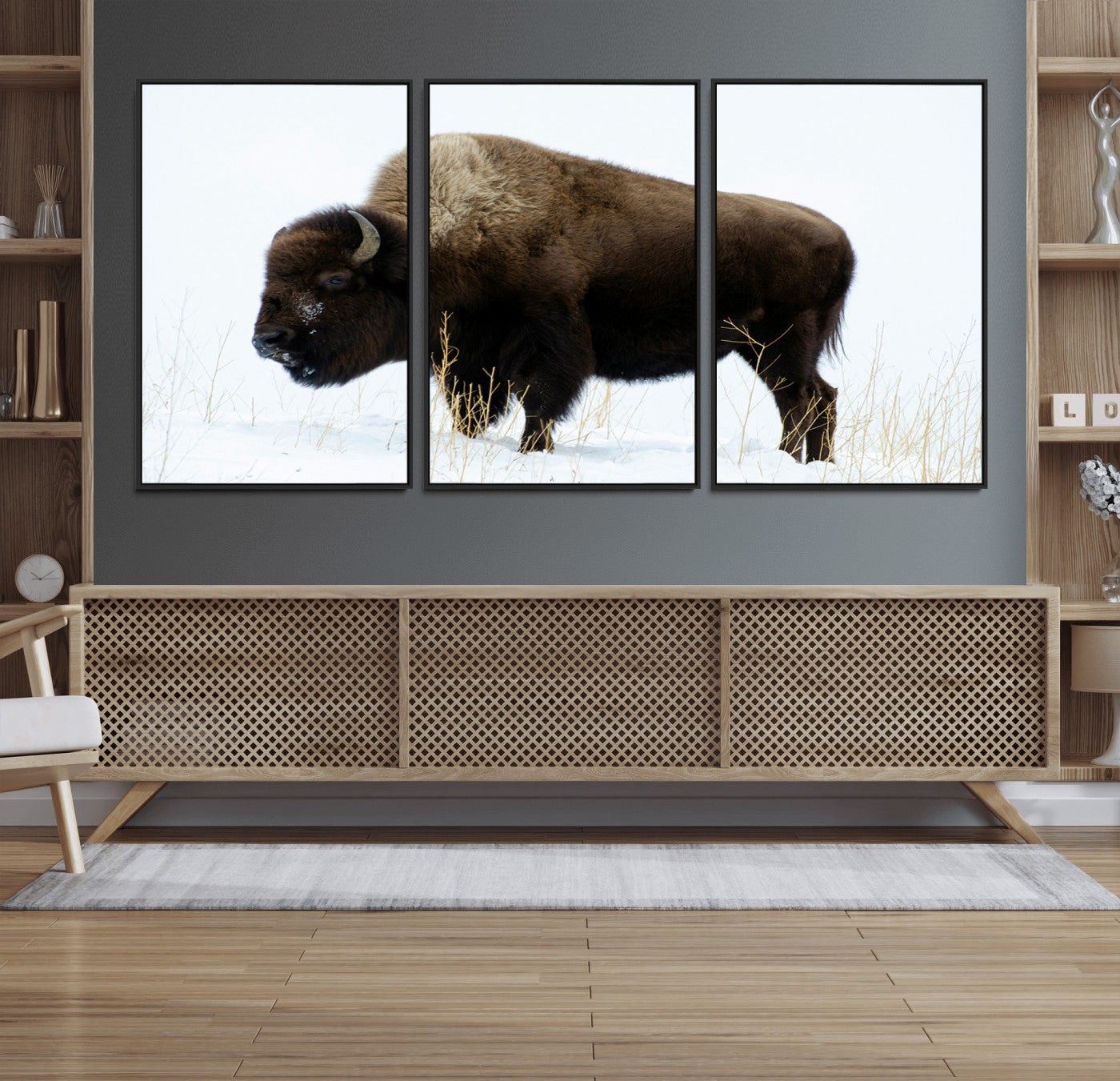 MGV-FC-60X30-3P - Bison Photography Wall Art Canvas Print, Framed Western Wildlife Art Picture Print, Buffalo On Snow Perfect Western Decor Artwork