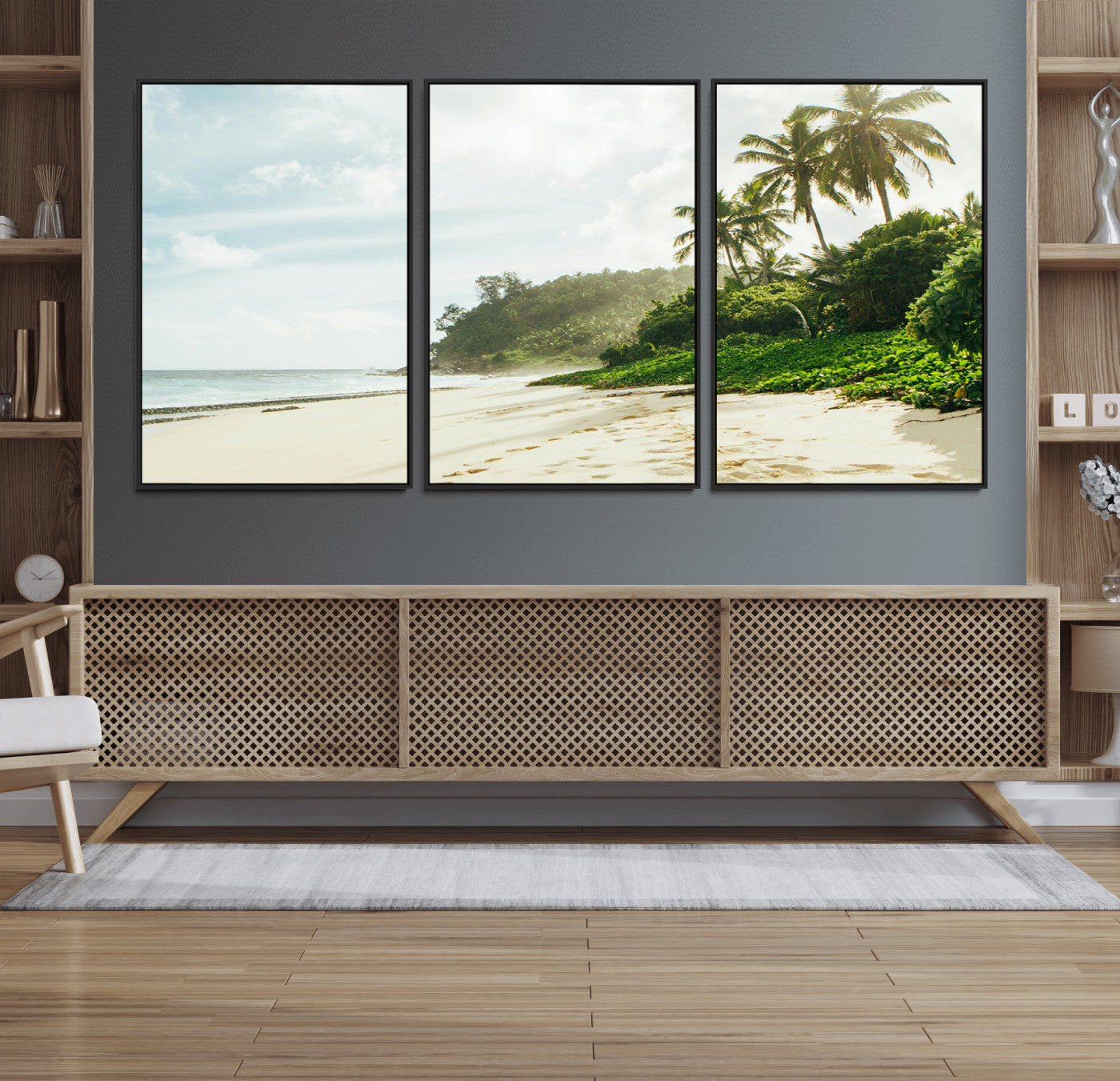 42984524-MGV-FC-60X30-3P_Black-Relaxing Beach Wall Art Canvas Print – Framed Ocean View Coastal Serenity Tropical Nature Scene Artwork for Home Office