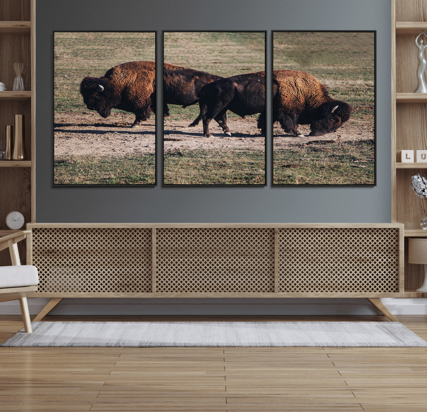 58141885-MGV-FC-60X30-3P_Black-Bison Wall Art Canvas Print – Framed Western Wildlife Modern Ranch Rustic Nature Scene Artwork for Home Office