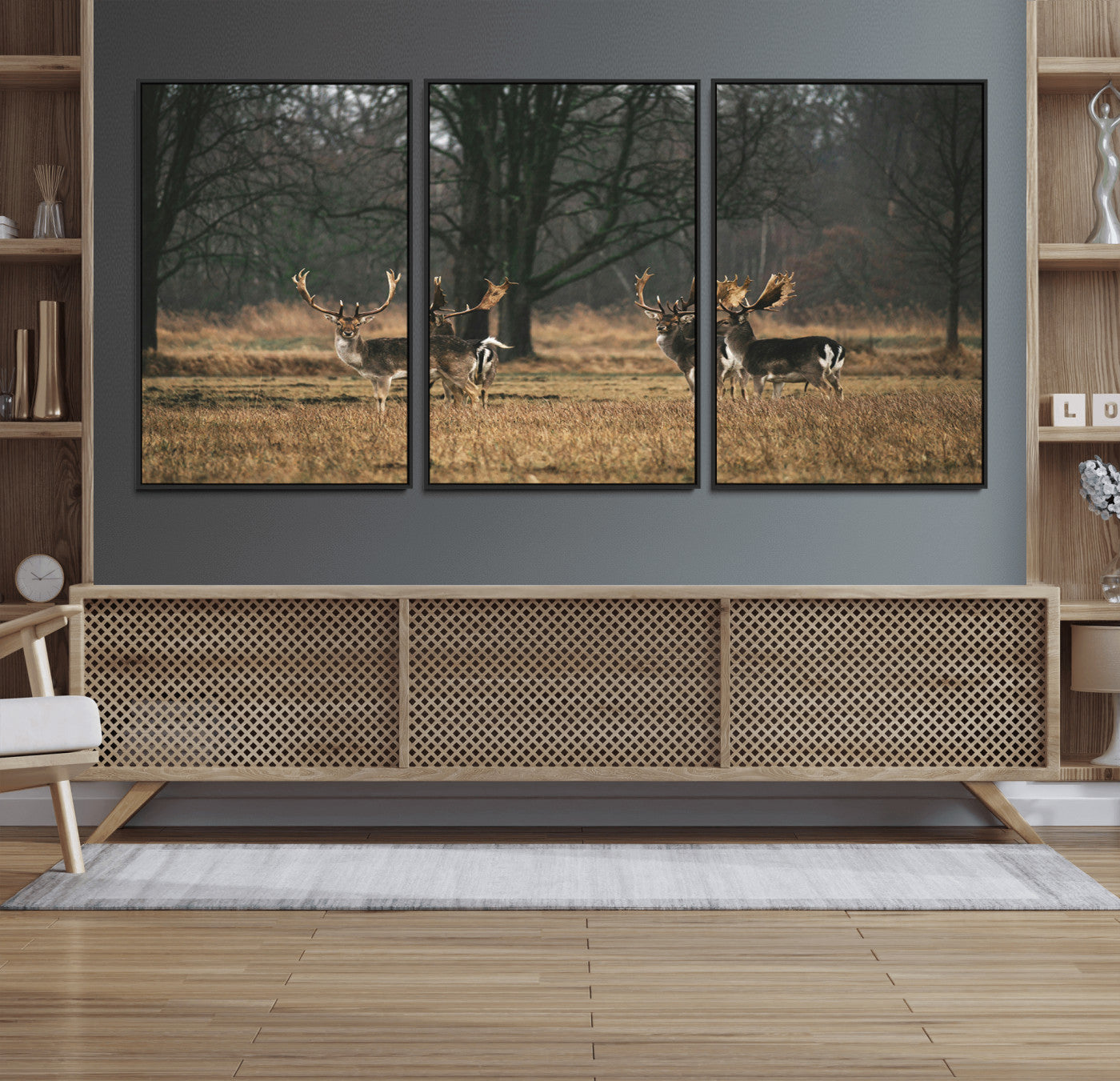 55348744-MGV-FC-60X30-3P_Black-Deer Wall Art Canvas Print – Framed Rustic Wildlife Stags Forest Nature Scene Artwork for Home, Office, Living Room