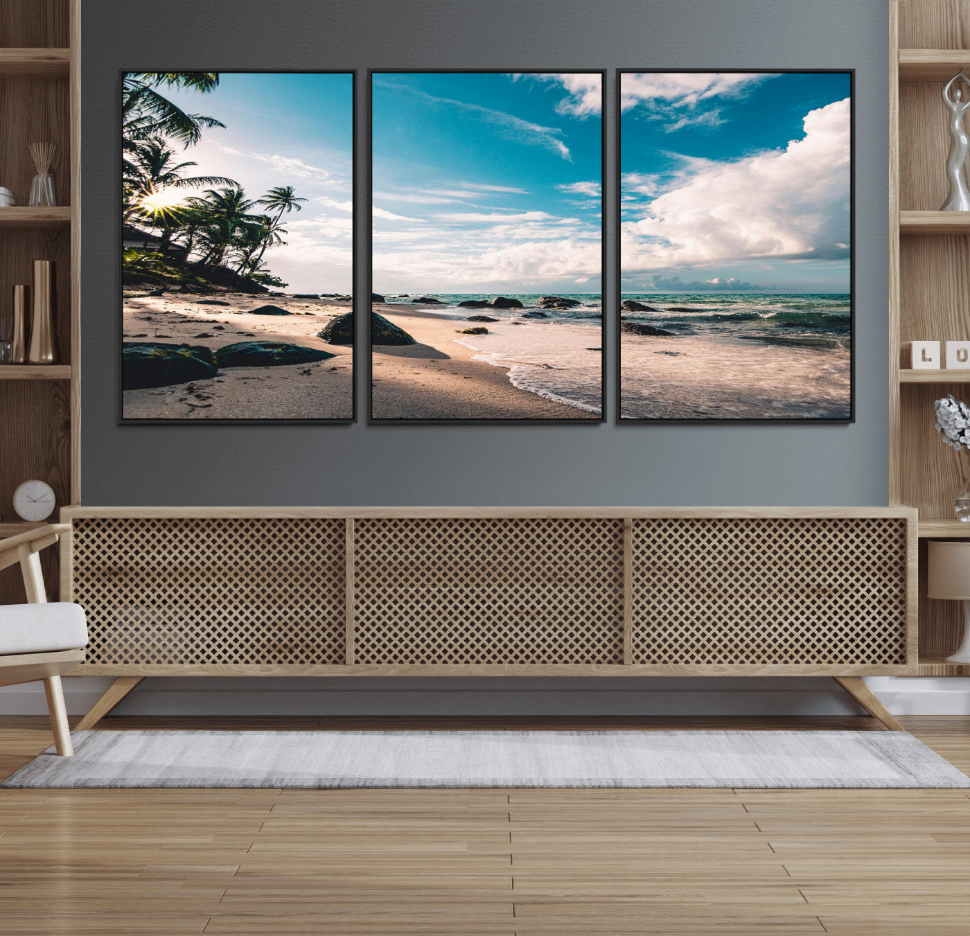 95301406-MGV-FC-60X30-3P_Black-Tropical Beach Wall Art Canvas Print – Framed Ocean Waves Relaxing Seascape Coastal Nature Scene Artwork for Home Office