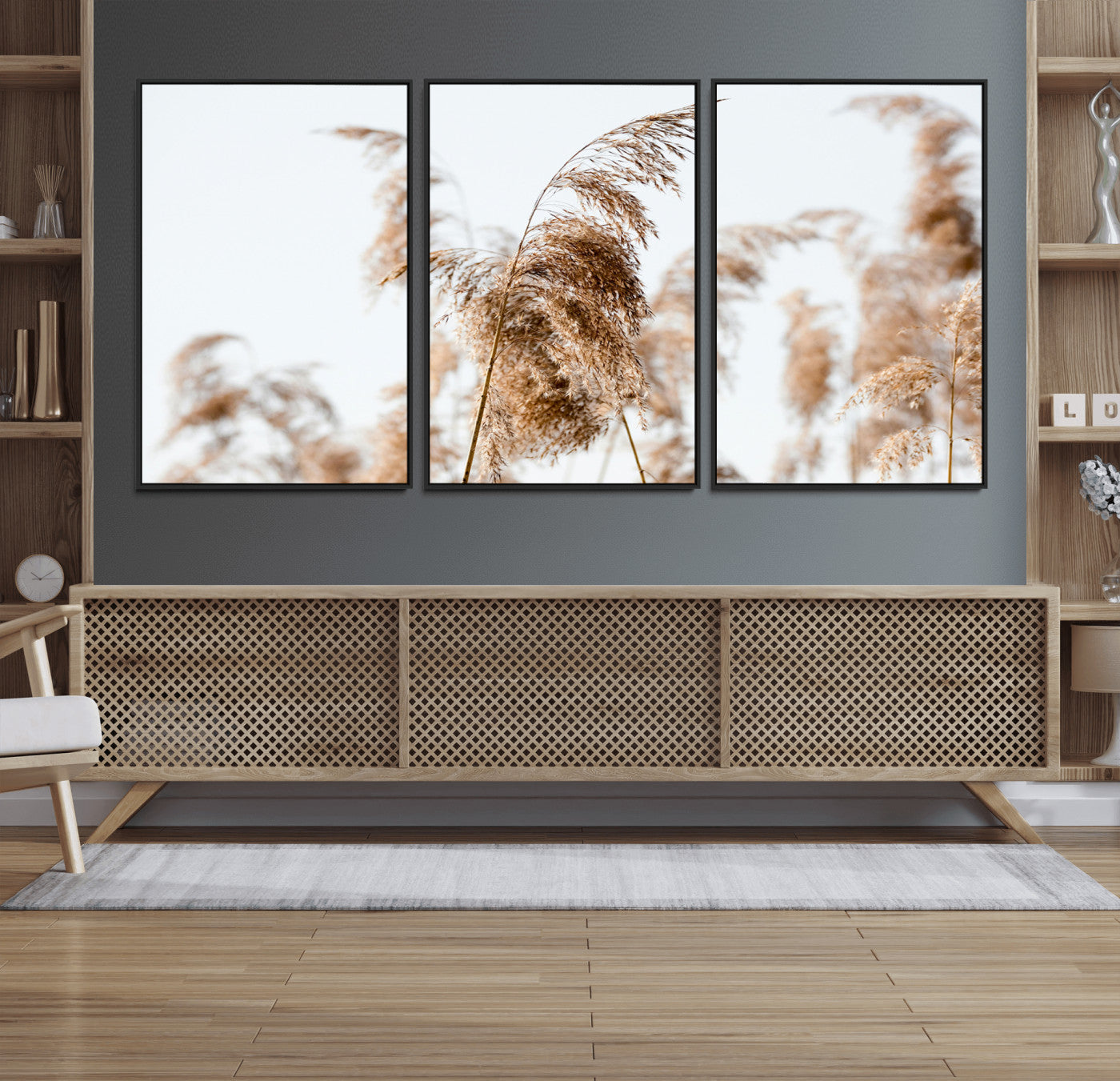 17019393-MGV-FC-60X30-3P_Black-Pampas Grass Wall Art Canvas Print – Framed Neutral Tones Minimalist Nature Boho Scene Artwork for Home Office