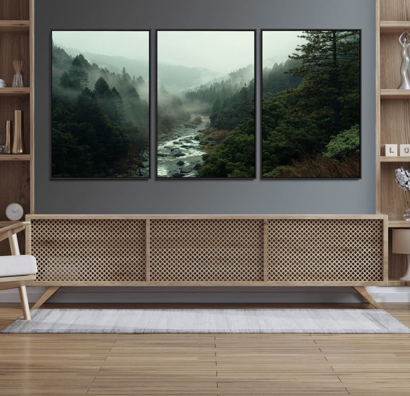 48497565-MGV-FC-60X30-3P_Black-Misty Forest Wall Art Canvas Print – Framed Foggy River Moody Landscape Wilderness Nature Scene Artwork for Home Office