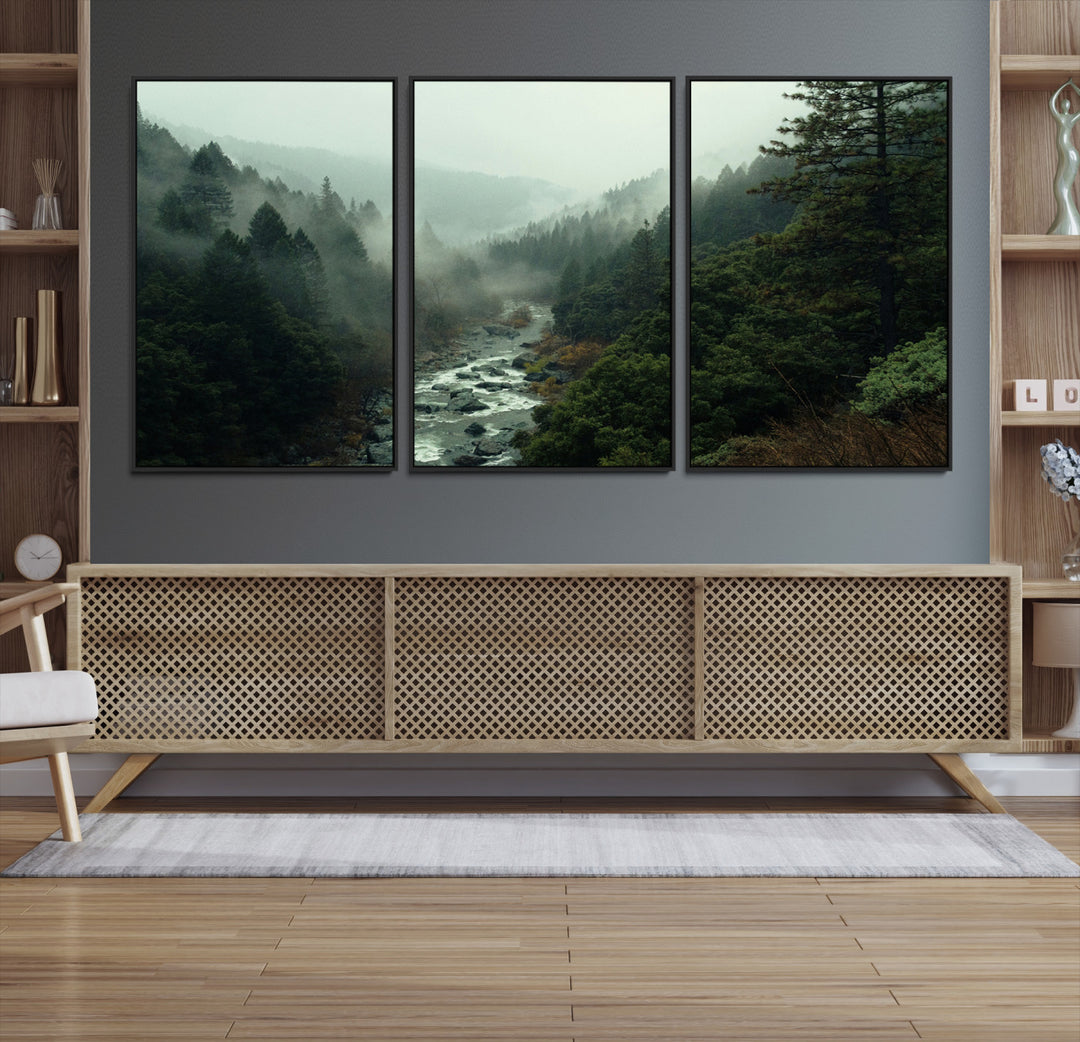 Misty Forest Wall Art Canvas Print, Framed Foggy River Art Picture Print, Moody Landscape Perfect Wilderness Decor Artwork