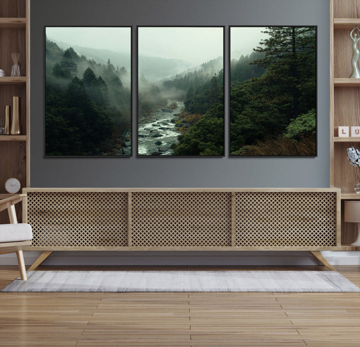 Misty Forest Wall Art Canvas Print, Framed Foggy River Art Picture Print, Moody Landscape Perfect Wilderness Decor Artwork
