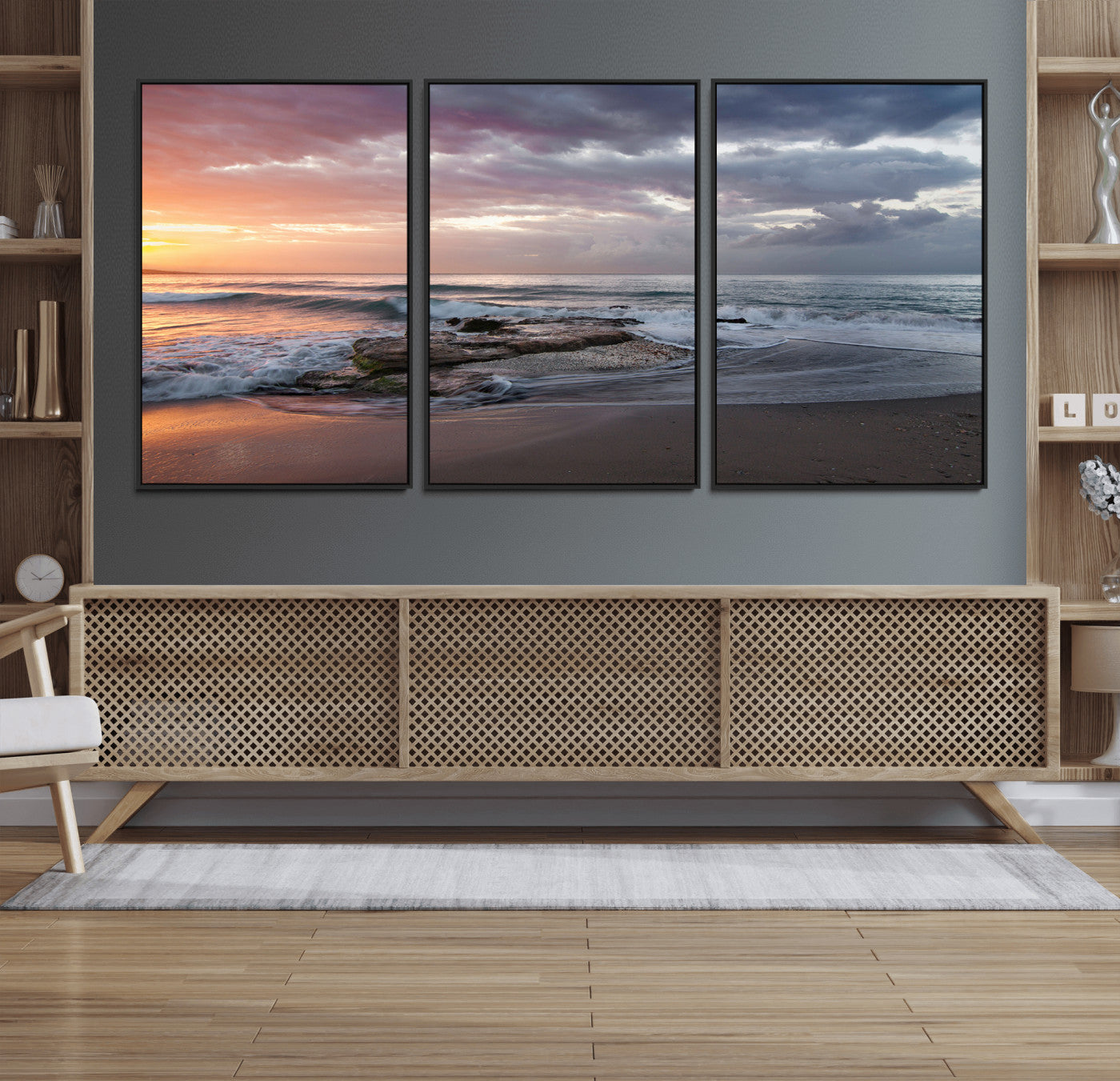 94208089-MGV-FC-60X30-3P_Black-Golden Hour Wall Art Canvas Print – Framed Tranquil Waves Beach Coastal Serenity Nature Scene Artwork for Home Office