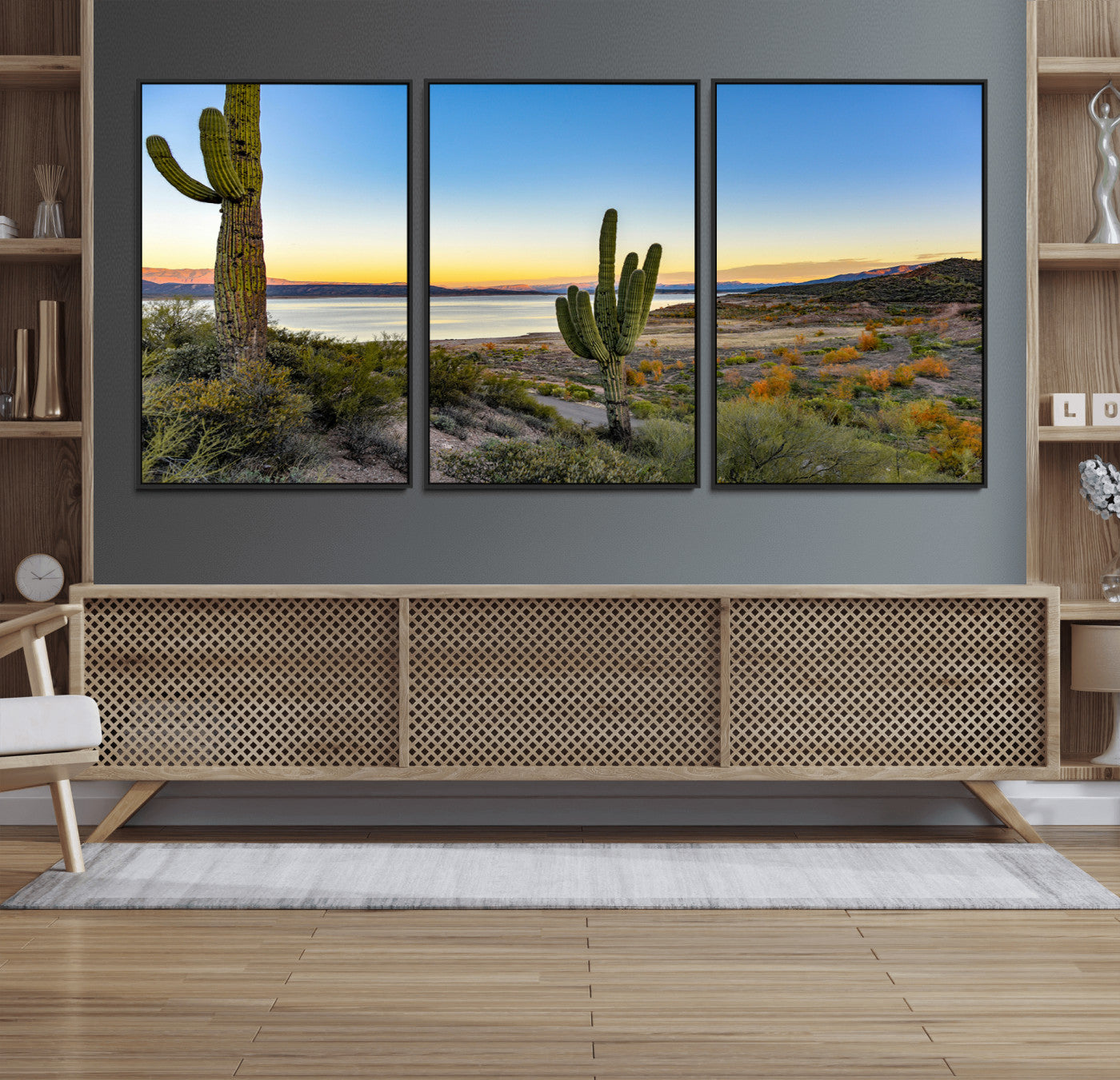 52844711-MGV-FC-60X30-3P_Black-Saguaro Cactus Wall Art Canvas Print – Framed Desert Sunset Southwestern Nature Scene Artwork for Home Office