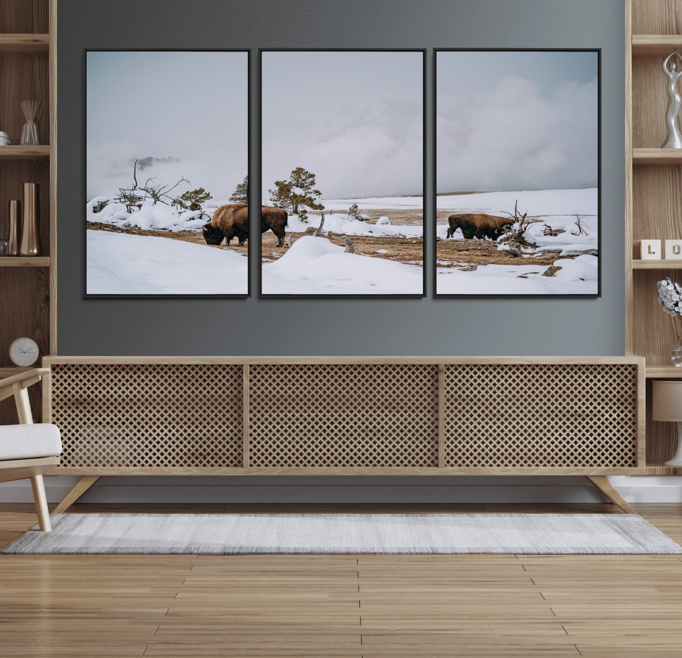 60308289-MGV-FC-60X30-3P_Black-Bison Wildlife Wall Art Canvas Print – Framed Snowy Prairie Western Rustic Nature Scene Artwork for Home Office