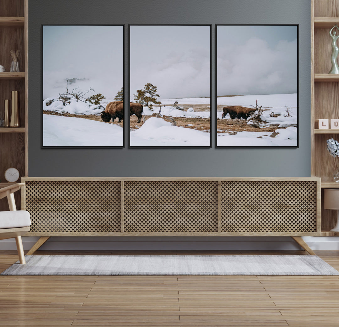 Bison Wildlife Wall Art Canvas Print, Framed Snowy Prairie Art Picture Print, Western Perfect Rustic Decor Artwork