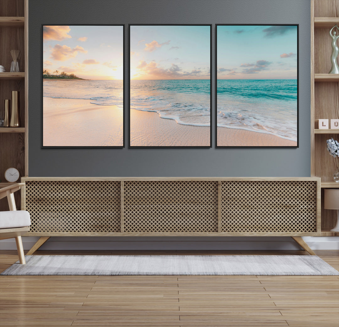 Beach Sunset Wall Art Canvas Print, Framed Ocean Waves Art Picture Print, Summer Escape Perfect Coastal Decor Artwork