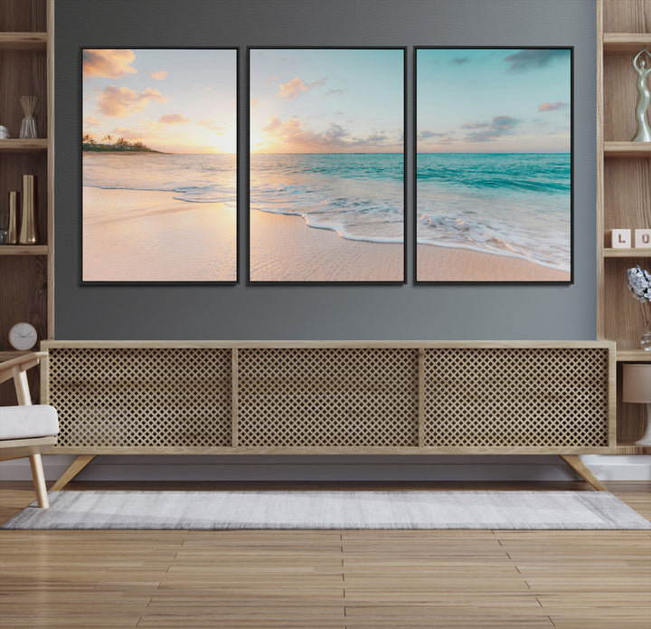 Beach Sunset Wall Art Canvas Print, Framed Ocean Waves Art Picture Print, Summer Escape Perfect Coastal Decor Artwork
