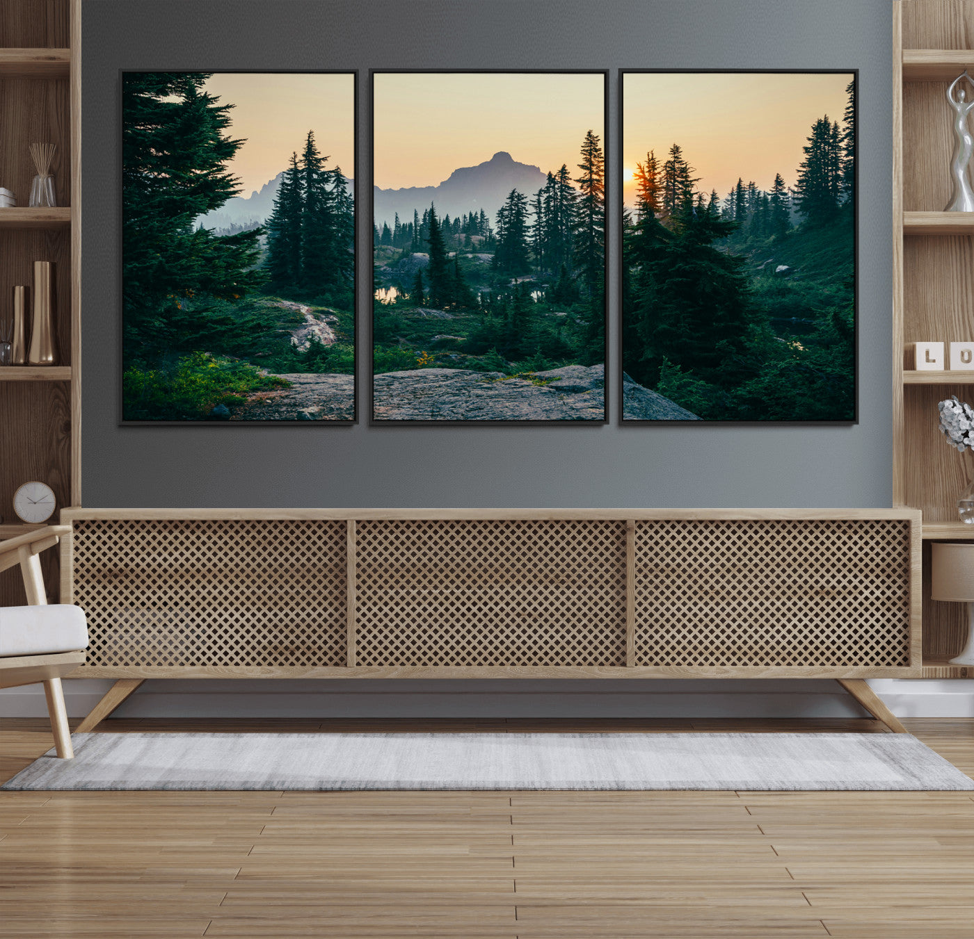 66397982-MGV-CV-36X24-Mountain Wall Art Canvas Print – Framed Forest Serenity Mountain Nature Scene Artwork for Home Office