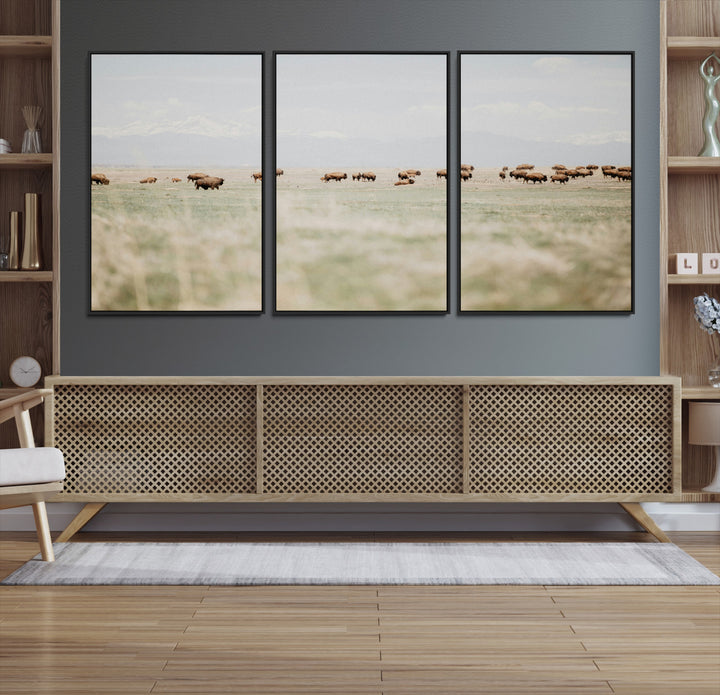 Bison Herd Wall Art Canvas Print, Framed Western Art Picture Print, Bison Perfect Ranch Decor Artwork