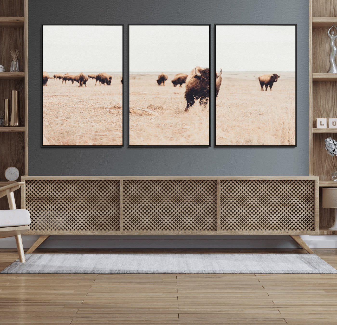 61367865-MGV-FC-60X30-3P_Black-Bison Herd Wall Art Canvas Print – Framed Western Prairie Serenity Ranch Nature Scene Artwork for Home Office