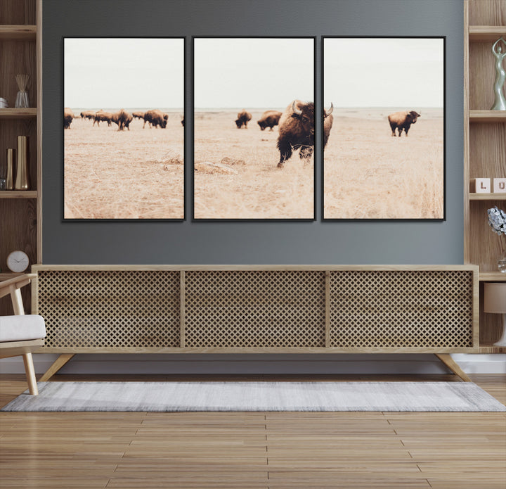Bison Herd Wall Art Canvas Print, Framed Western Art Picture Print, Prairie Serenity Perfect Ranch Decor Artwork