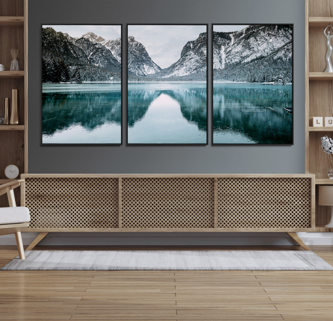 73098373-MGV-FC-60X30-3P_Black-Mountain Lake Wall Art Canvas Print – Framed Snowy Peaks Wonderland Nature Scene Artwork for Home Office