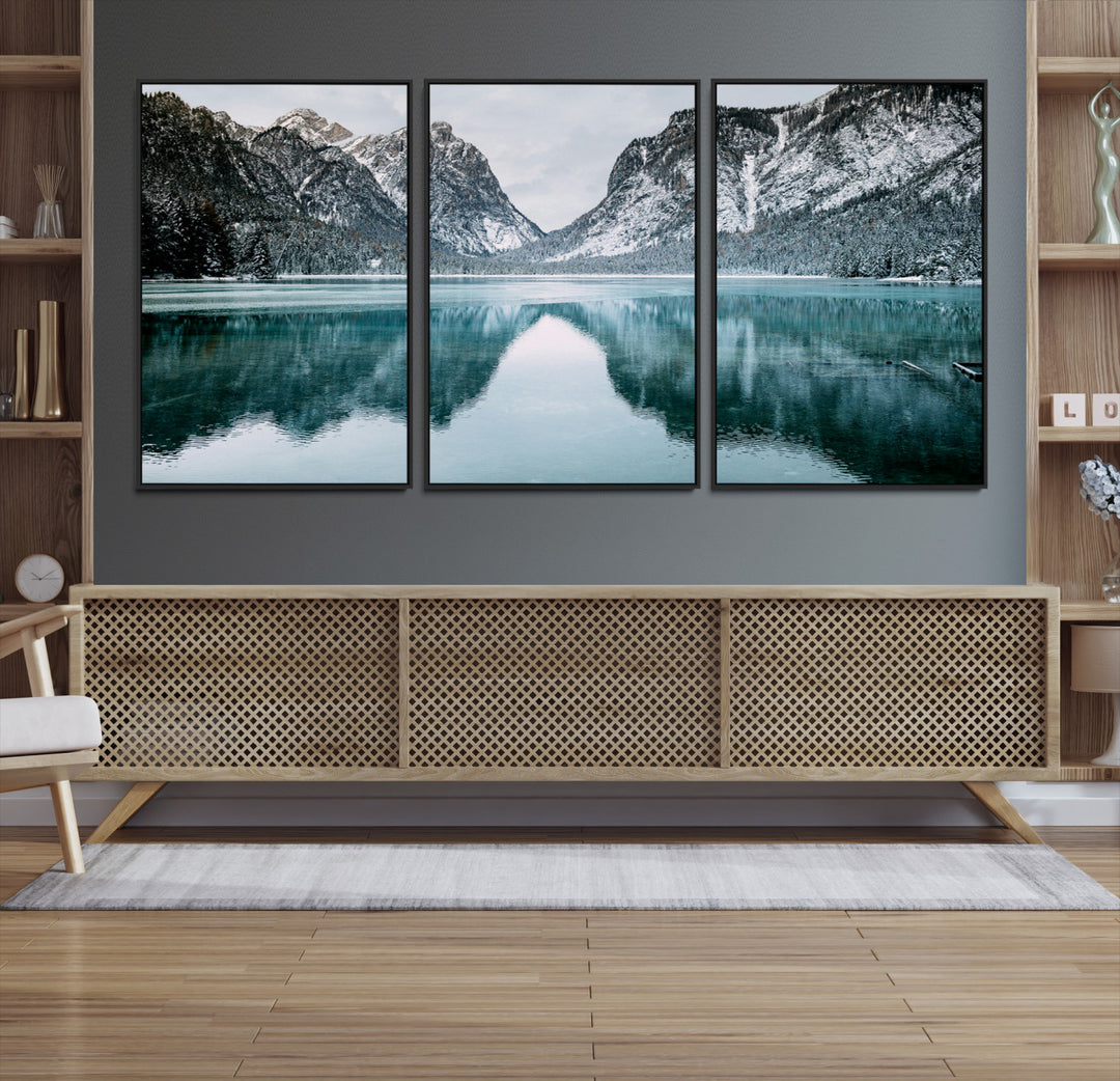 Mountain Lake Wall Art Canvas Print, Framed Wonderland Art Picture Print, Snowy Peaks Perfect Nature Decor Artwork