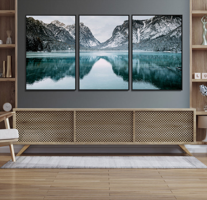 Mountain Lake Wall Art Canvas Print, Framed Wonderland Art Picture Print, Snowy Peaks Perfect Nature Decor Artwork
