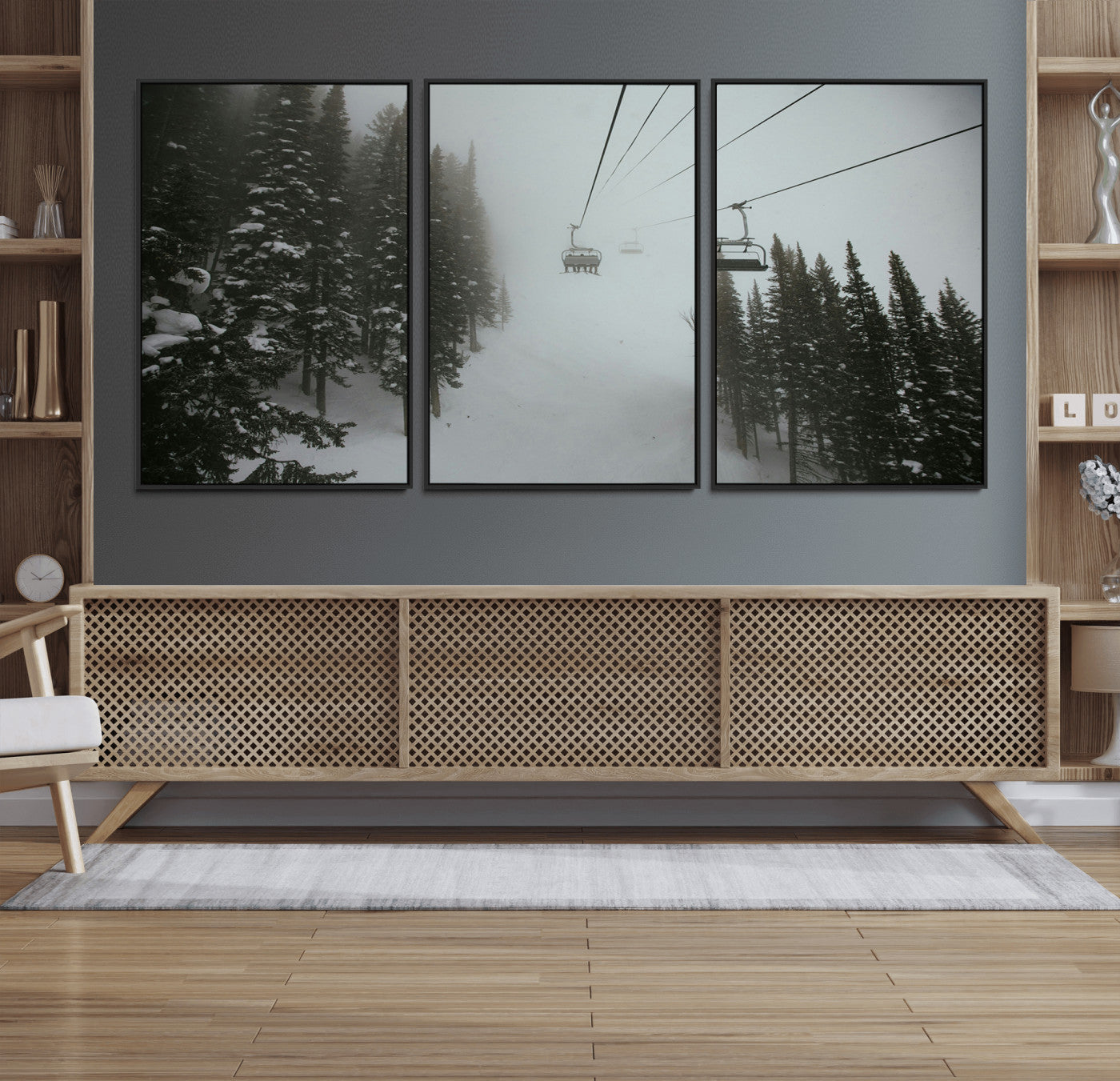87018452-MGV-FC-60X30-3P_Black-Ski Lift Wall Art Canvas Print – Snowy Pines Misty Landscape Winter Serenity Artwork for Home, Office Decor