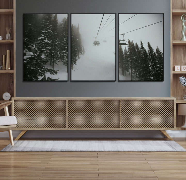 Ski Lift Wall Art Canvas Print, Framed Snowy Pines Art Picture Print, Misty Landscape Perfect Winter Serenity Decor Artwork