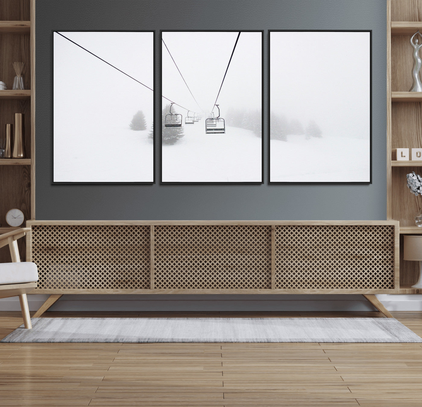 20216390-MGV-FC-60X30-3P_Black-Ski Lift Wall Art Canvas Print – Snowy Alpine Landscape Nordic Adventure Winter Mountains Artwork for Home, Office