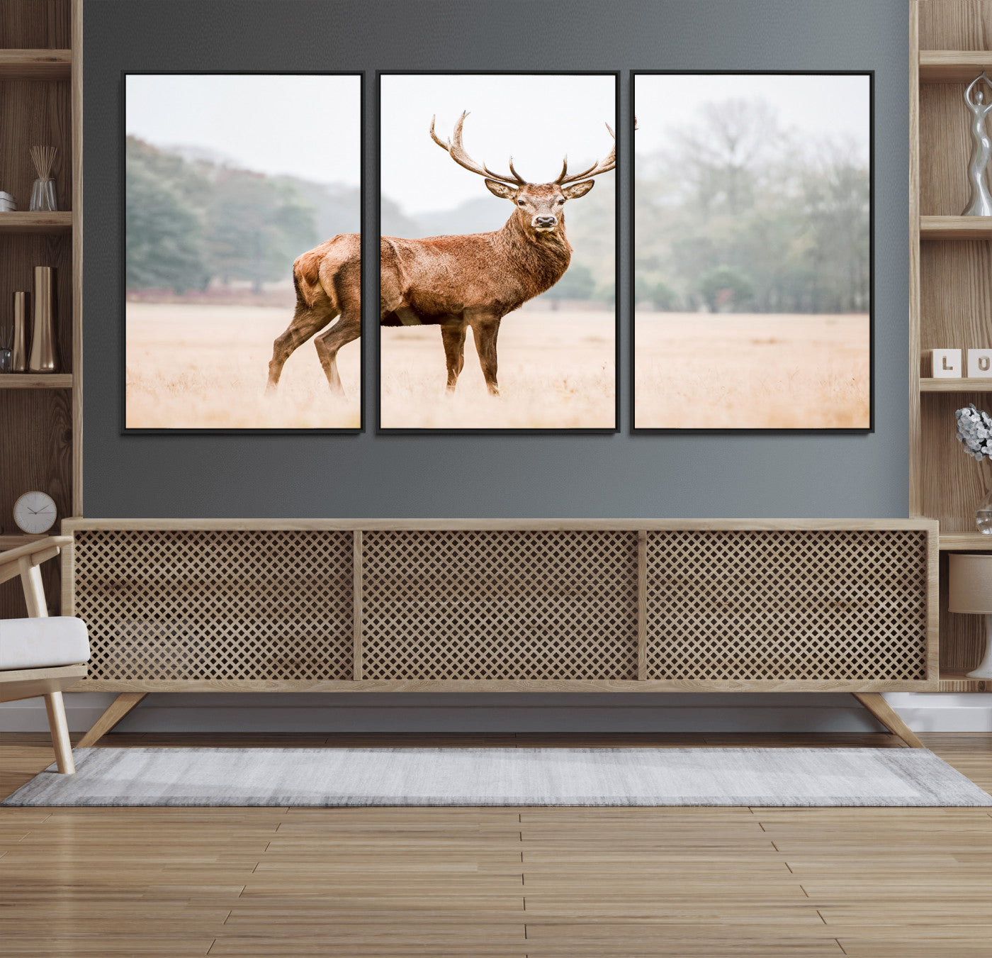86502413-MGV-FC-60X30-3P_Black-Vintage Wildlife Wall Art Canvas Print – Misty Landscape Deer Rustic Nature Photography Artwork for Home, Office