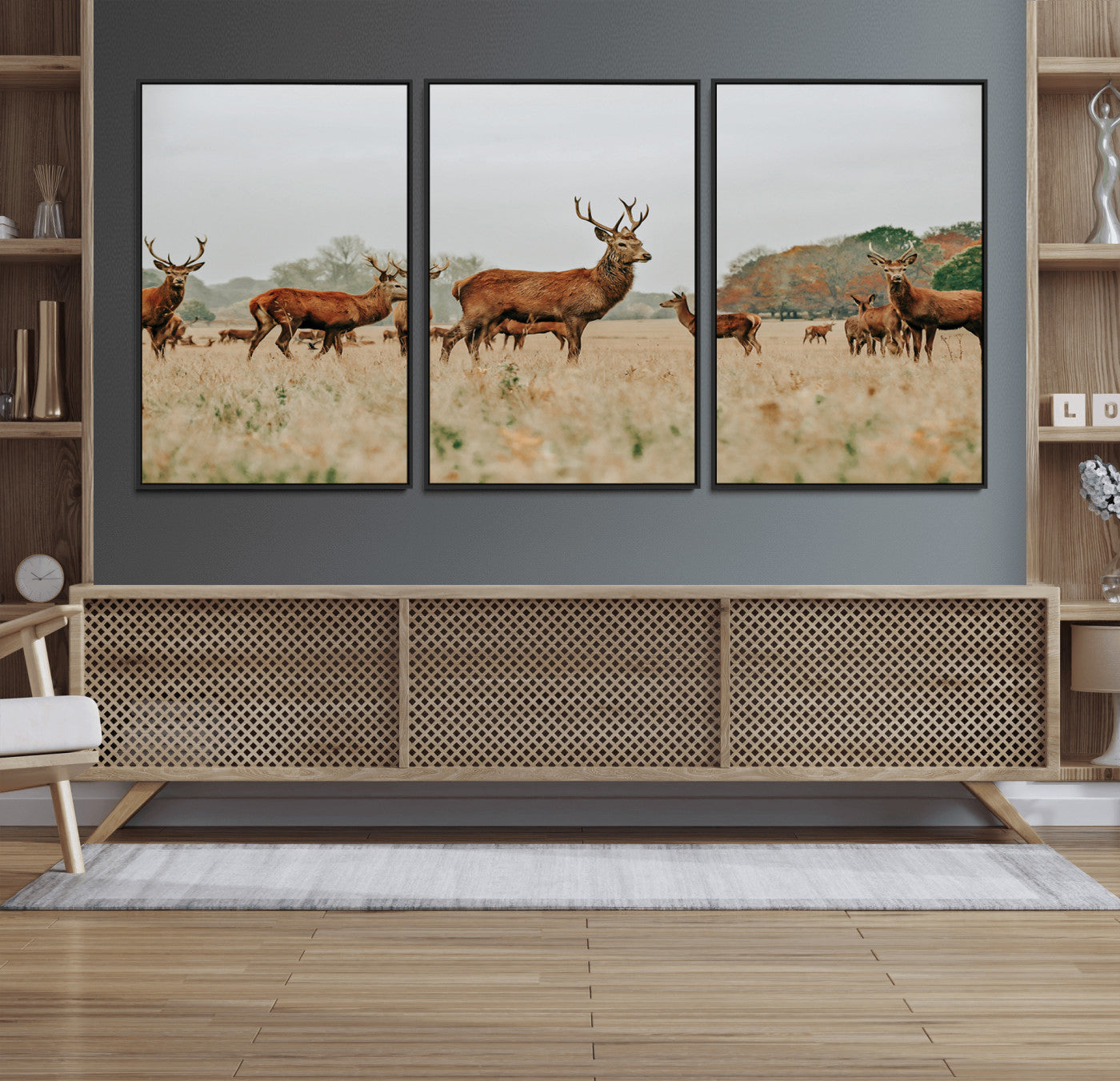 53834371-MGV-FC-60X30-3P_Black-Rustic Deer Wall Art Canvas Print – Autumn Forest Woodland Wildlife Scenic Nature Artwork for Home, Cabin