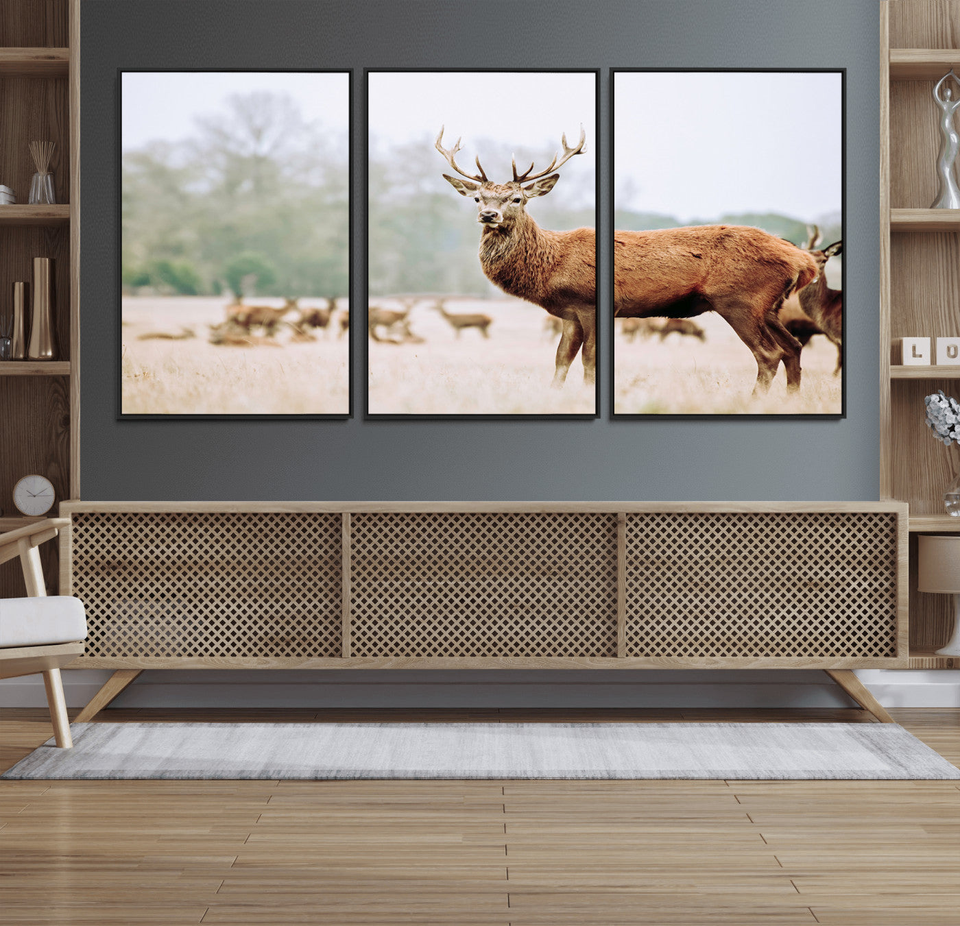 53240224-MGV-CV-36X24-Rustic Deer Wall Art Canvas Print – Forest Woodland Stag Nordic Animal Scenic Nature Artwork for Home, Cabin