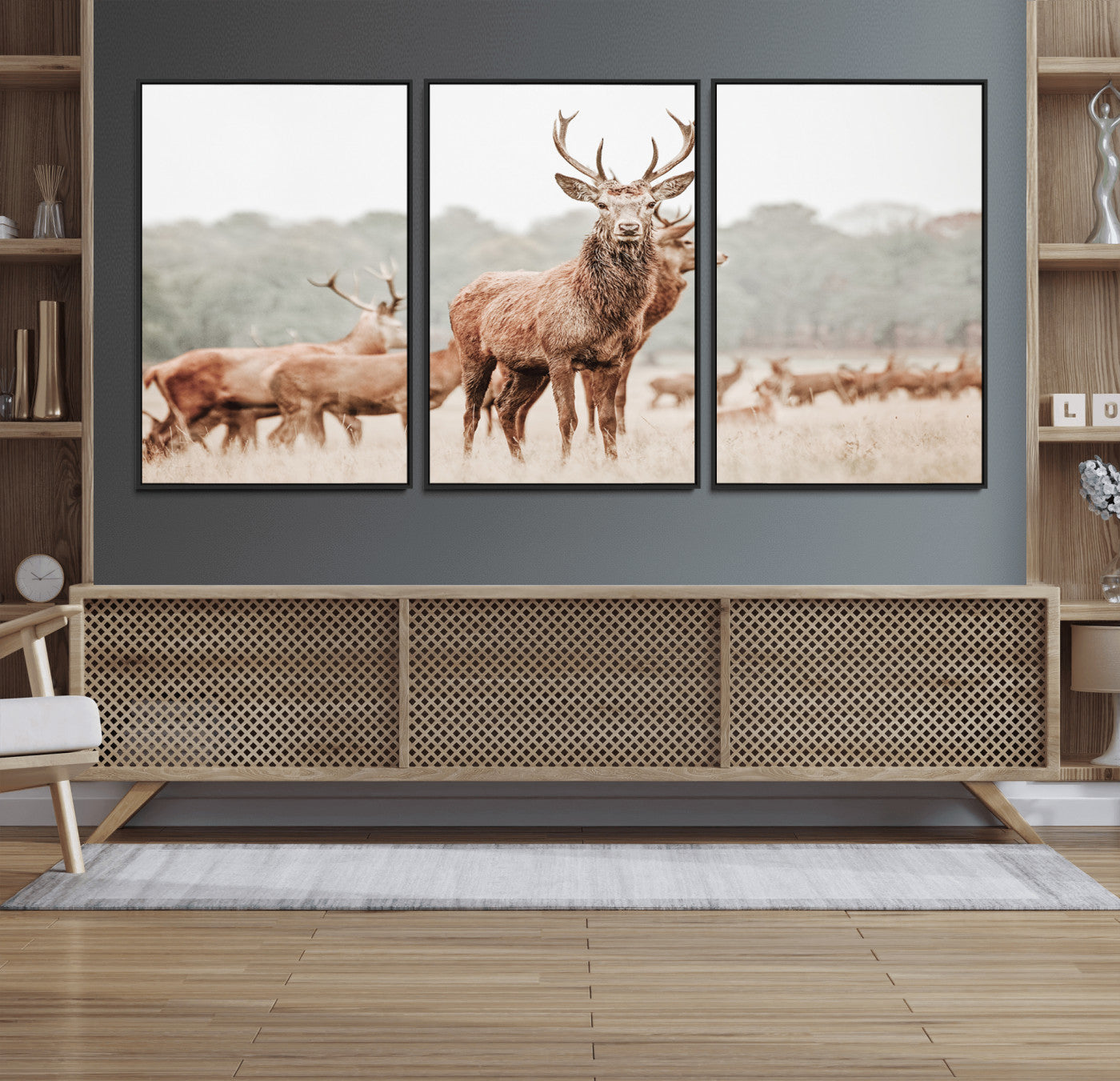 17659786-MGV-FC-60X30-3P_Black-Rustic Nature Wall Art Canvas Print – Stag Woodland Framed Wildlife Art Picture Print Perfect Lodge Decor