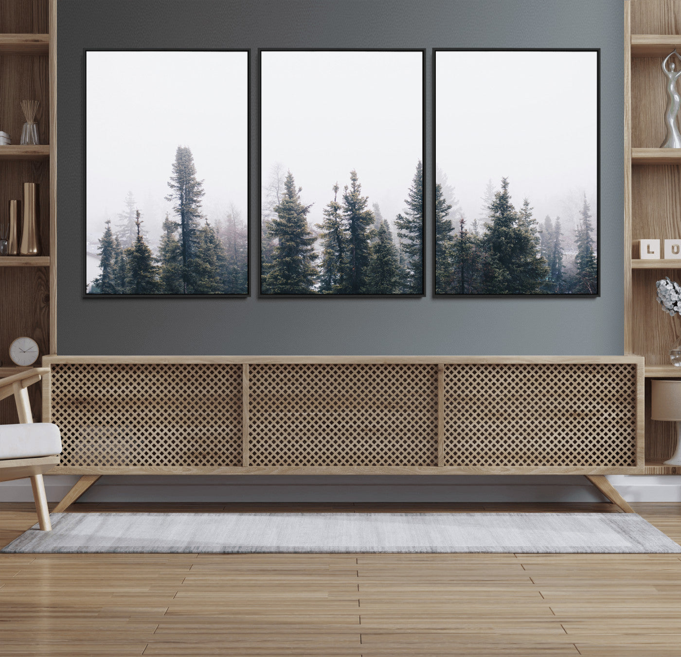42364796-MGV-FC-60X30-3P_Black-Foggy Forest Wall Art Canvas Print – Framed Misty Pines Moody Woodland Nature Scene Artwork for Home Office