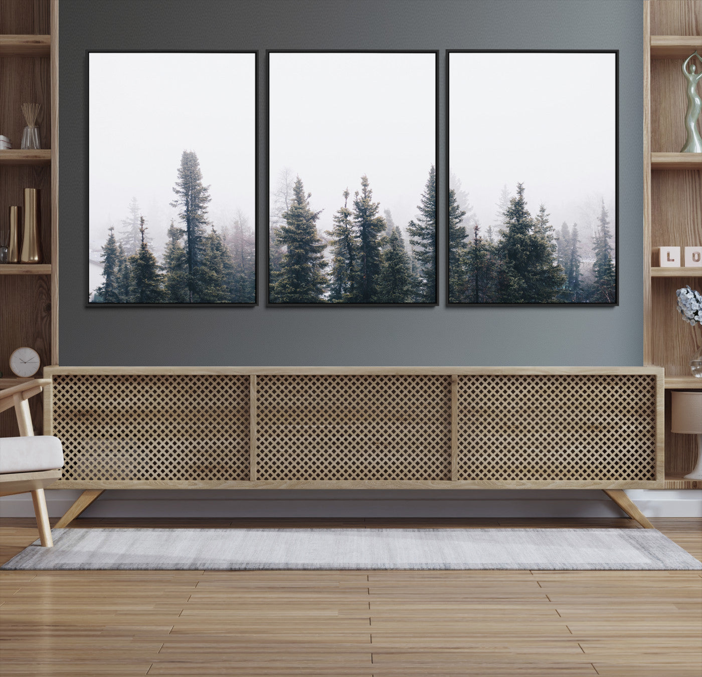 42364796-MGV-CV-36X24-Foggy Forest Wall Art Canvas Print, Framed Misty Pines Art Picture Print, Moody Woodland Perfect Scandinavian Minimalist Decor Artwork