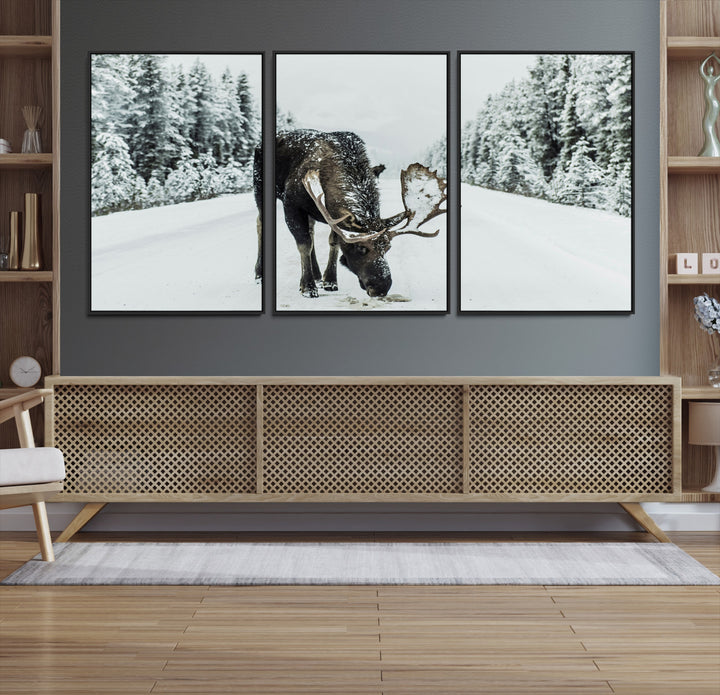 Moose in Snow Wall Art Canvas Print, Framed Winter Wildlife Art Picture Print, Snowy Forest Scene Perfect Rustic Lodge Decor Artwork