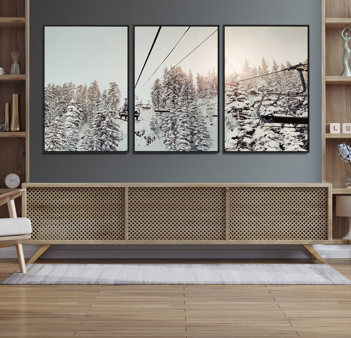 91534512-MGV-CV-36X24-Frosty Pines Wall Art Canvas Print, Framed Cozy Cabin View Art Picture Print, Ski Lift Ride Perfect Rustic Lodge Decor Artwork